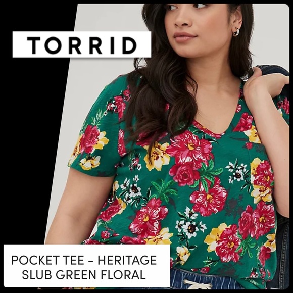 Torrid Pocket Tee Heritage Slub Green Floral NWT Size 00 - Picture 1 of 16